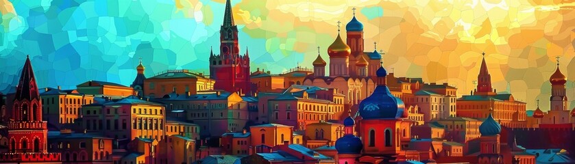 Abstract Artistic Representation of a Cityscape, A panoramic cityscape artwork with a kaleidoscope of colors, blending modern artistic styles with classic architectural silhouettes. Moscow
