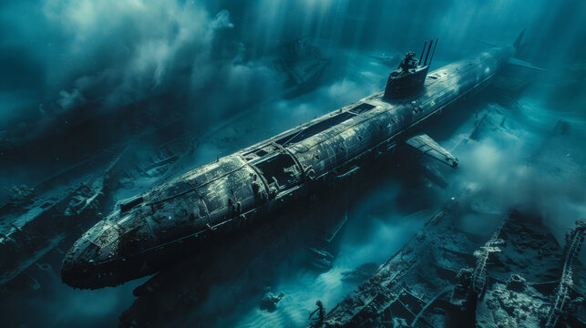 A submarine descending into the depths of the ocean, surrounded by mysterious underwater creatures and ancient shipwrecks, representing the exploration of the ocean's uncharted depths.