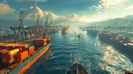 Cargo ship loaded with containers docked at sea port. - obrazy, fototapety, plakaty