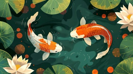 illustration art two KOI in the pool with lotus's flower on the water, background