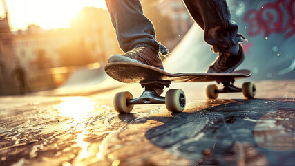 skateboarder doing skate tricks on the road, close up of skateboarder