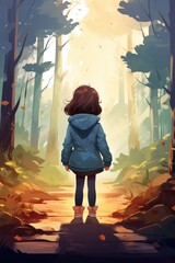 little girl walks in autumn forest illustration