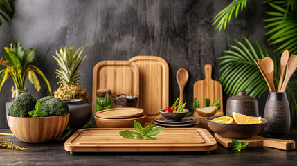 set of Bamboo Eco-Friendly kitchen utensils biodegradable and compostable