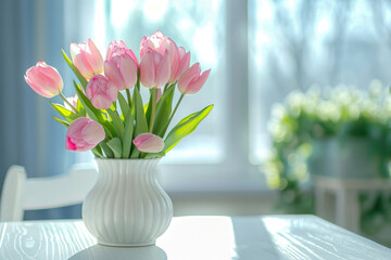A bouquet of pink tulips in a white vase close-up on a table on a blurred background in a home sunny light interior with space for text. Banner. Greeting card with spring mood