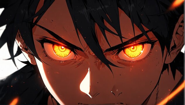 bright orange fierce glowing eyes guy anime cartoon close-up from Generative AI