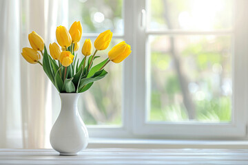 A bouquet of yellow tulips in a white vase close-up on a table on a blurred background in a home sunny light interior with space for text. Banner. Greeting card with spring mood