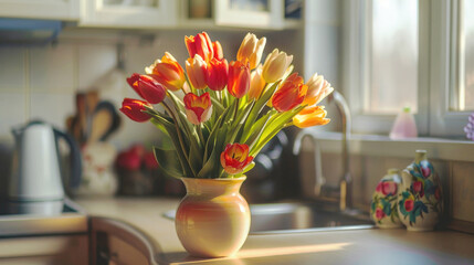 A bouquet of red tulips in a ceramic vase close-up on a table on a blurred background in a home sunny light interior with space for text. Banner. Greeting card with spring mood