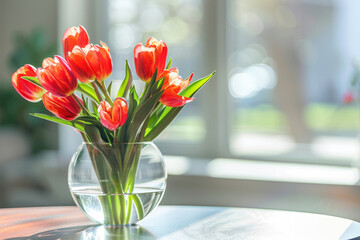 A bouquet of red tulips in a glass transparent vase close-up on a table on a blurred background in a home sunny light interior with space for text. Banner. Greeting card with spring mood