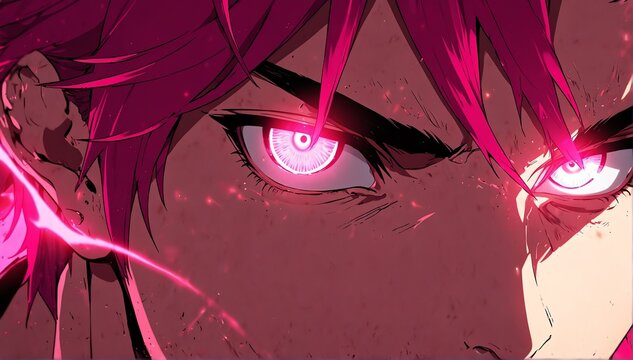 bright pink fierce glowing eyes guy anime cartoon close-up from Generative AI