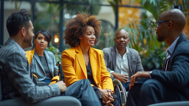 Group shot of diverse business people, disabled woman on a wheelchair chatting with colleagues.