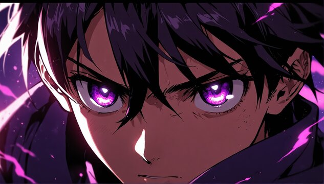 bright purple fierce glowing eyes guy anime cartoon close-up from Generative AI