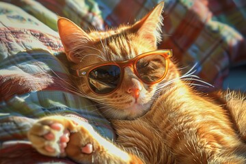 Fototapeta premium ginger cat lounging in the sun wearing sunglasses digital art