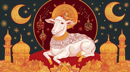 Eid Celebration Illustration with Decorative goat, Vibrant illustration depicting a festive sheep among ornate Islamic motifs, celebrating Eid with a backdrop of crescent moons and mosques.
