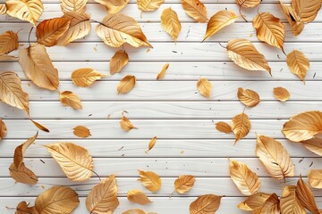 golden autumn leaves on white wooden background 3d illustration