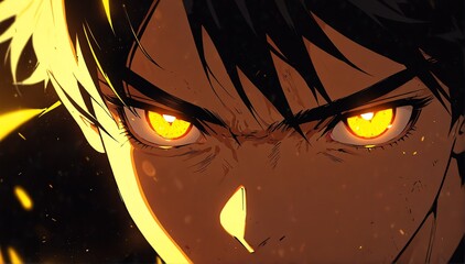 bright yellow fierce glowing eyes guy anime cartoon close-up from Generative AI