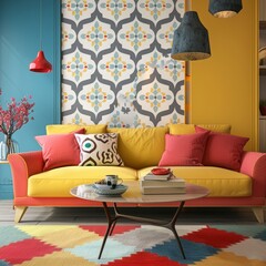A living room with a yellow couch, blue walls, and colorful patterned wallpaper and rug.
