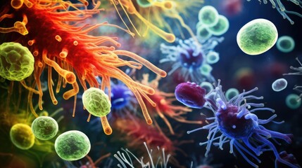 Detailed image of various bacteria types under the microscope, with a focus on their unique structures and the biofilm they form