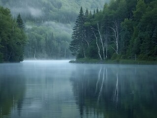 A lake with a forest in the background. The water is calm and the sky is cloudy