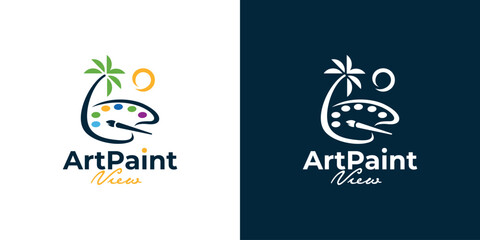 Simple Art Paint View Logo. Painting Landscapes, Seascape , Beach Scenes with Palm tree Logo. Art Painting Logo Icon Symbol Vector Design Inspiration.