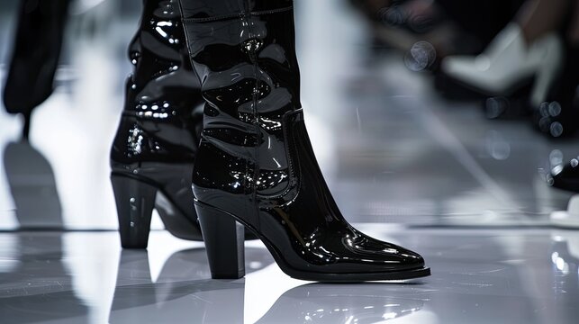 High fashion glossy black boots on a white runway