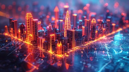 A digital painting of a futuristic city with skyscrapers and glowing lights in red and blue colors.