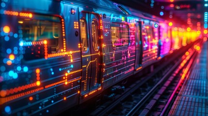 The subway train is decorated with colorful lights and patterns.