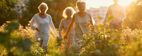 Active seniors enjoying outdoor activities such as walking, gardening, or yoga, promoting vitality and well-being in older adults.