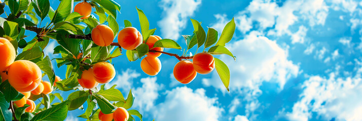 Peach tree ripe peaches ready for picking against the blue sky and bright sun panorama wide view