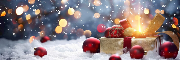 christmas background with white snow, gift box with golden ribbon on the right side and red Christmas balls around it. copy space - obrazy, fototapety, plakaty
