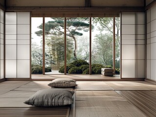 A minimalist Japanese interior, showcasing elegant design and natural light.
