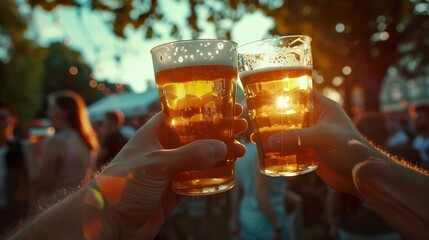 Close-up of two beer glasses making a toast in an outdoor setting, with the sunset behind.