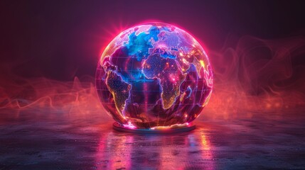 A glowing globe of the Earth with continents outlined in bright colors sits on a reflective surface against a dark background.