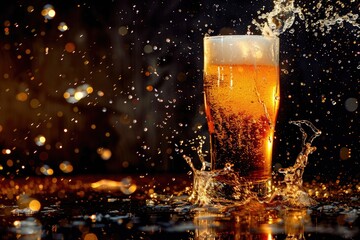 Refreshing Beer Splash in Glass on Dark Background with Bokeh Lights
