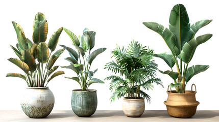 Fototapeta premium Varied Houseplants in Artistic Pots on Wooden Surface, Generative AI