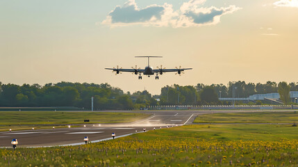 an airplane takes off from a runway surrounded by a blue sky and white clouds, with a green tree in - obrazy, fototapety, plakaty