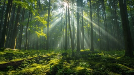 A minimalist Japanese forest with sunlight filtering through the trees.