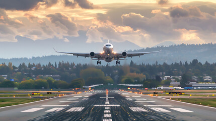 an airplane with large wings and engines takes off from an airport runway, with a white line markin
