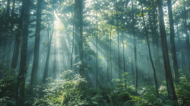 A minimalist Japanese forest with sunlight filtering through the trees.