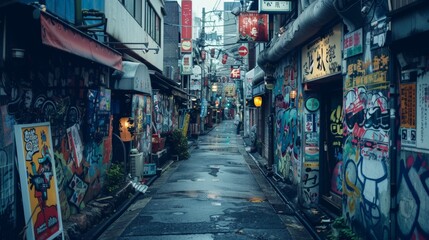 A minimalist Japanese street art adorning the walls of urban alleyways.