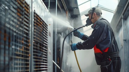 Professional Tackles Large Industrial Air Conditioner Maintenance with High-Pressure Air Hose