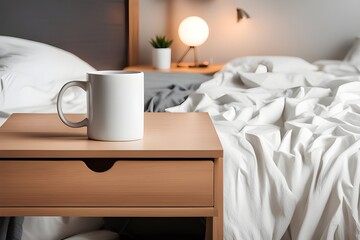 White mug on wooden table