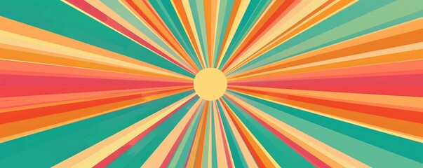 Horizontal retro groovy background with bright sunburst in style 60s, 70s. Trendy colorful graphic print.