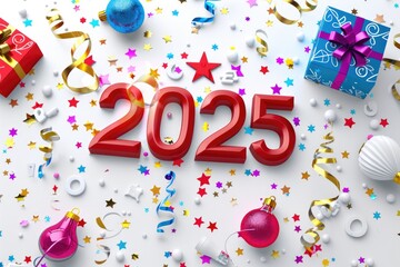 Celebratory 2025 New Year Confetti Explosion in Colorful Background