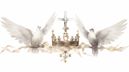 Holy trinity, symbol by crown, cross, and dove, depicted in watercolor artwork, reflecting essence of God and religion. Concept of Father, Son (believed to be incarnated as Jesus), and Holy Spirit. - obrazy, fototapety, plakaty
