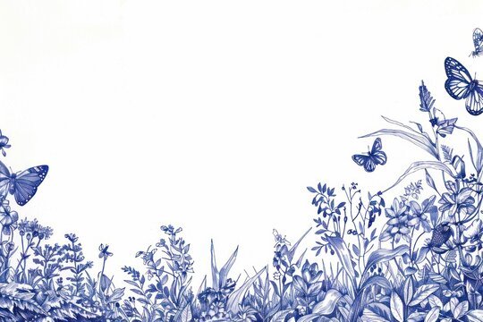Vintage drawing landscape and butterfly border sketch illustrated porcelain.