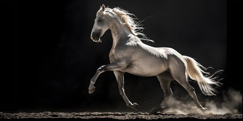 Obraz na płótnie Canvas Dramatic Rearing Silver White Horse Casting Long Shadows Under Studio Lighting