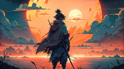 An animated Cool 2d illustration of a black modern ninja looking at the moon at night