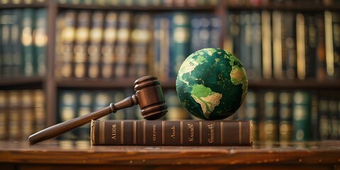 Green Globe Resting on Legal Textbook with Courtroom Background Representing Environmental Legislation and Judicial Battles for Conservation