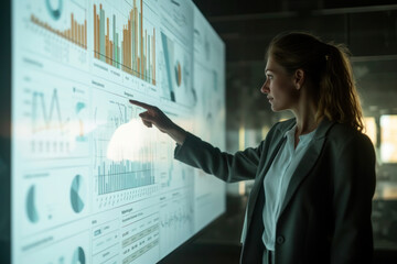 Woman Working with Data Visualization Analyzing Tables, Charts and Graphs at Business Dashboard. Digital Data Analysis Concept.