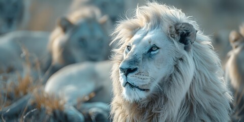 Obraz premium Regal White Lion Stands Confidently Amongst Blurred Grey Pride in Wilderness Backdrop